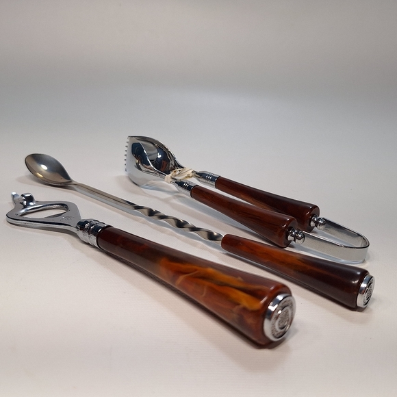 Glo Hill Vintage Made In Canada Bakelite Faux Walnut 3 Pc. Bar Set - Picture 3 of 9